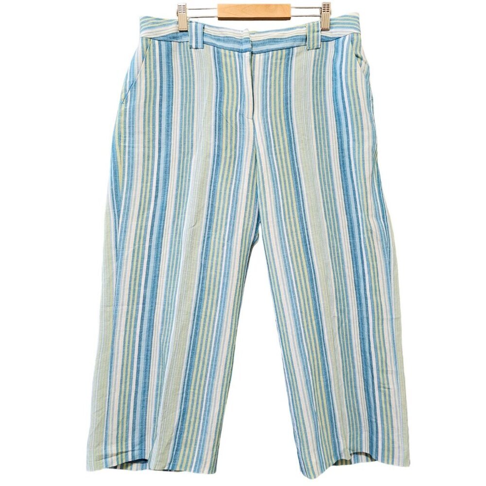 David N Cropped Pants Women 12 Linen Blend Blue Cream Stripes Wide Leg High Rise